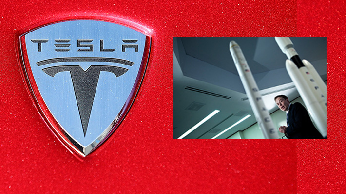The Tesla logo shield on a car hood, and CEO Elon Musk flanked by model SpaceX rockets.