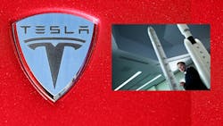 The Tesla logo shield on a car hood, and CEO Elon Musk flanked by model SpaceX rockets. The Tesla logo shield on a car hood, and CEO Elon Musk flanked by model SpaceX rockets.