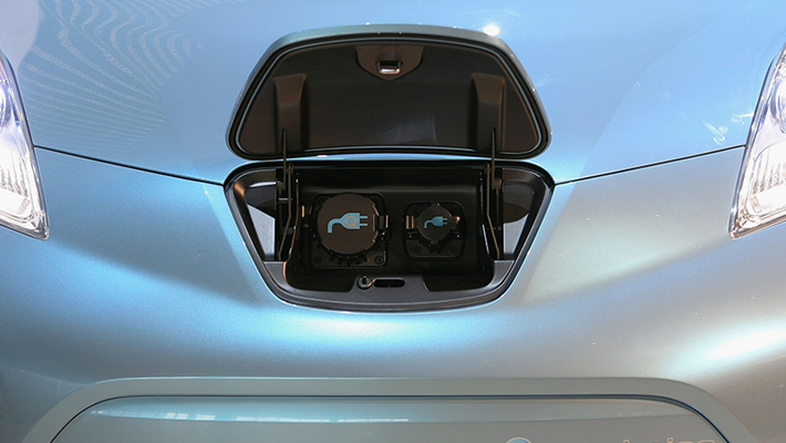 The front plug of a Nissan Leaf electric vehicle, one of the earlier EVs.