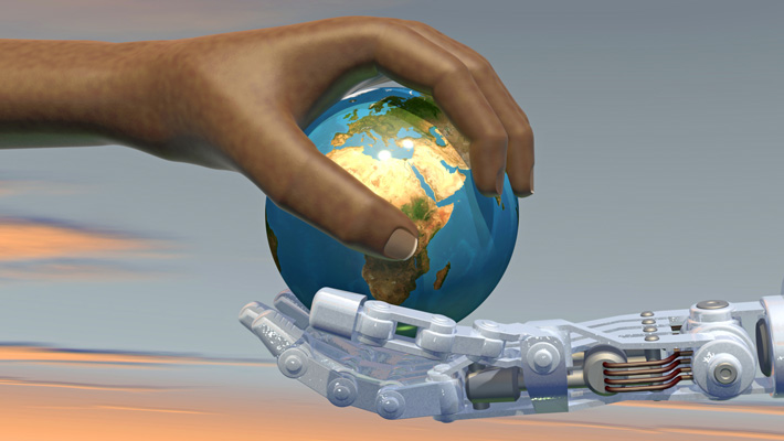 A human hand and a robot hand both hold a model globe.
