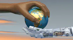 A human hand and a robot hand both hold a model globe.