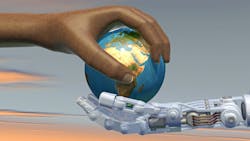 A human hand and a robot hand both hold a model globe. A human hand and a robot hand both hold a model globe.