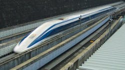 A Japanese maglev train literally flies over its tracks. A Japanese maglev train literally flies over its tracks.