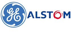 Corporate logos of GE and Alstom. Corporate logos of GE and Alstom.