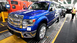 A Ford F-150 pickup truck rolls through the production line in Dearborn, Michigan.