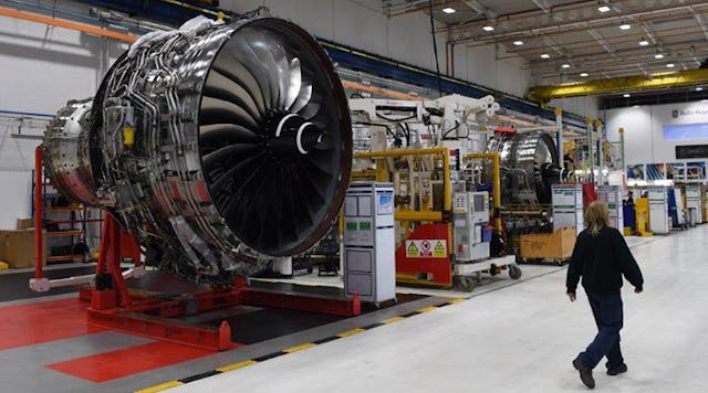 Rolls Royce Trent XWB engines at factory in Derby, England.