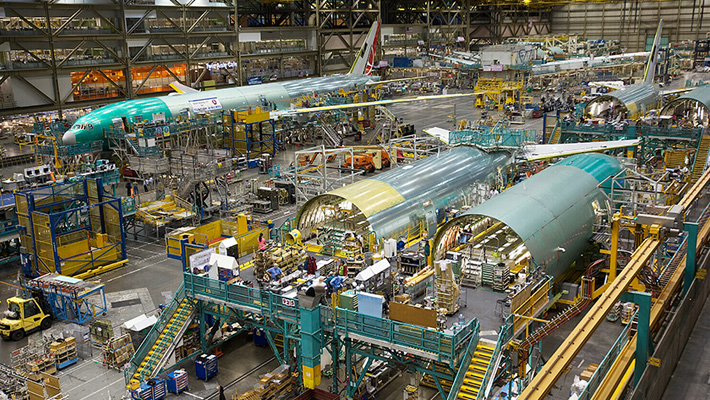 The interior of the Boeing assembly plant in Everett, Washington.
