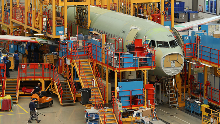 An Airbus A320 in progress at the company's plant in Hamburg, Germany.