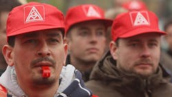 Workers represented by IG Metall attend a 2008 rally for higher pay. Workers represented by IG Metall attend a 2008 rally for higher pay.