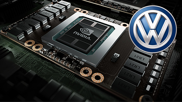 An inset image of the Volkswagen logo above a board of Nvidia technology.