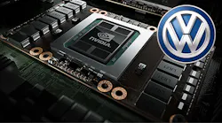 An inset image of the Volkswagen logo above a board of Nvidia technology.