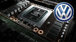An inset image of the Volkswagen logo above a board of Nvidia technology. An inset image of the Volkswagen logo above a board of Nvidia technology.