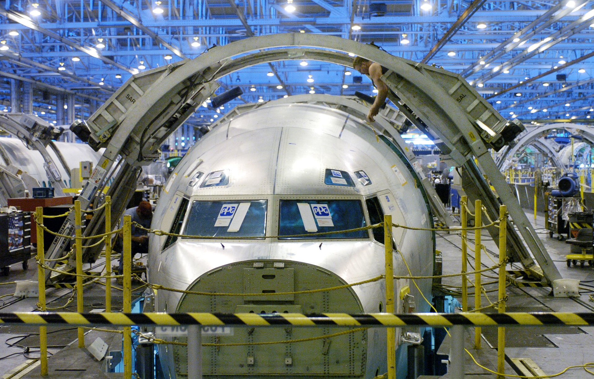 A Boeing 737-800 plane is under construction at the company's Wichita plant.