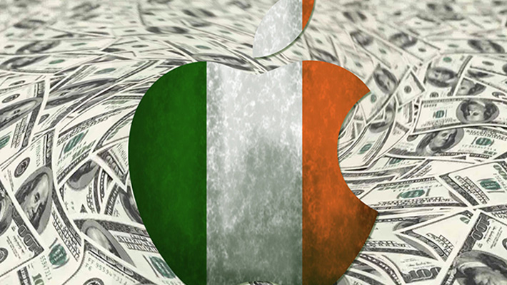 An Irish flag superimposed in an Apple logo against a field of $100 bills.