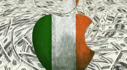 An Irish flag superimposed in an Apple logo against a field of $100 bills.
