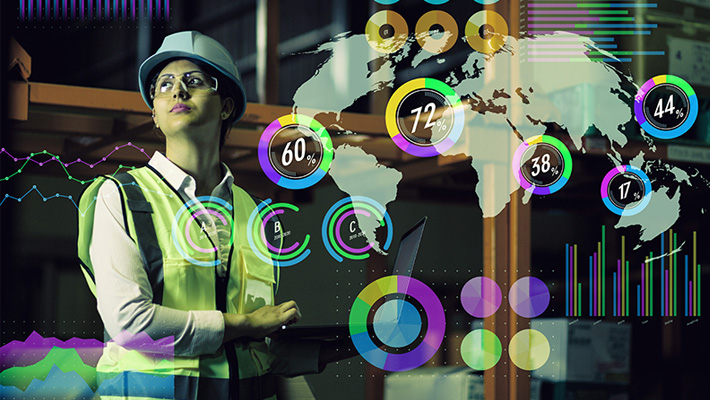 A worker uses a tablet to incorporate real-time data on the floor, illustrated by a group of images superimposed on top of her.