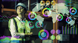 A worker uses a tablet to incorporate real-time data on the floor, illustrated by a group of images superimposed on top of her.