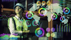 A worker uses a tablet to incorporate real-time data on the floor, illustrated by a group of images superimposed on top of her. A worker uses a tablet to incorporate real-time data on the floor, illustrated by a group of images superimposed on top of her.