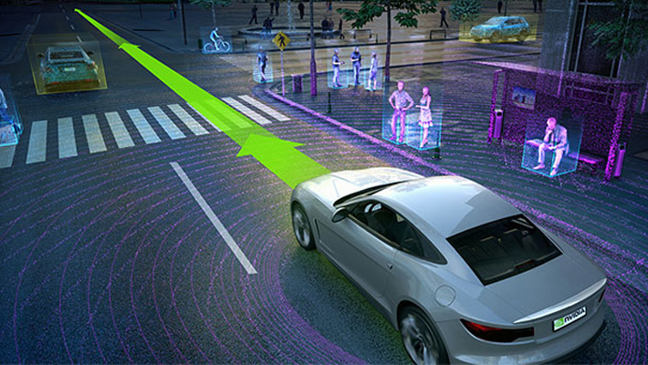 An illustration of a self-driving car at an intersection.