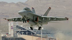 A Boeing F/A-18F Super Hornet takes off from Nellis Air Force Base in Nevada. A Boeing F/A-18F Super Hornet takes off from Nellis Air Force Base in Nevada.