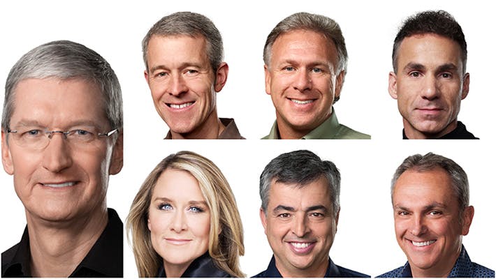 Who will succeed Apple CEO Tim Cook? Perhaps, clockwise from top left, COO Jeff Williams, marketing SVP Phil Schiller, hardware engineering SVP Dan Riccio, CFO Luca Maestri, internet software and services SVP Eddy Cue or retail SVP Angela Ahrendts.