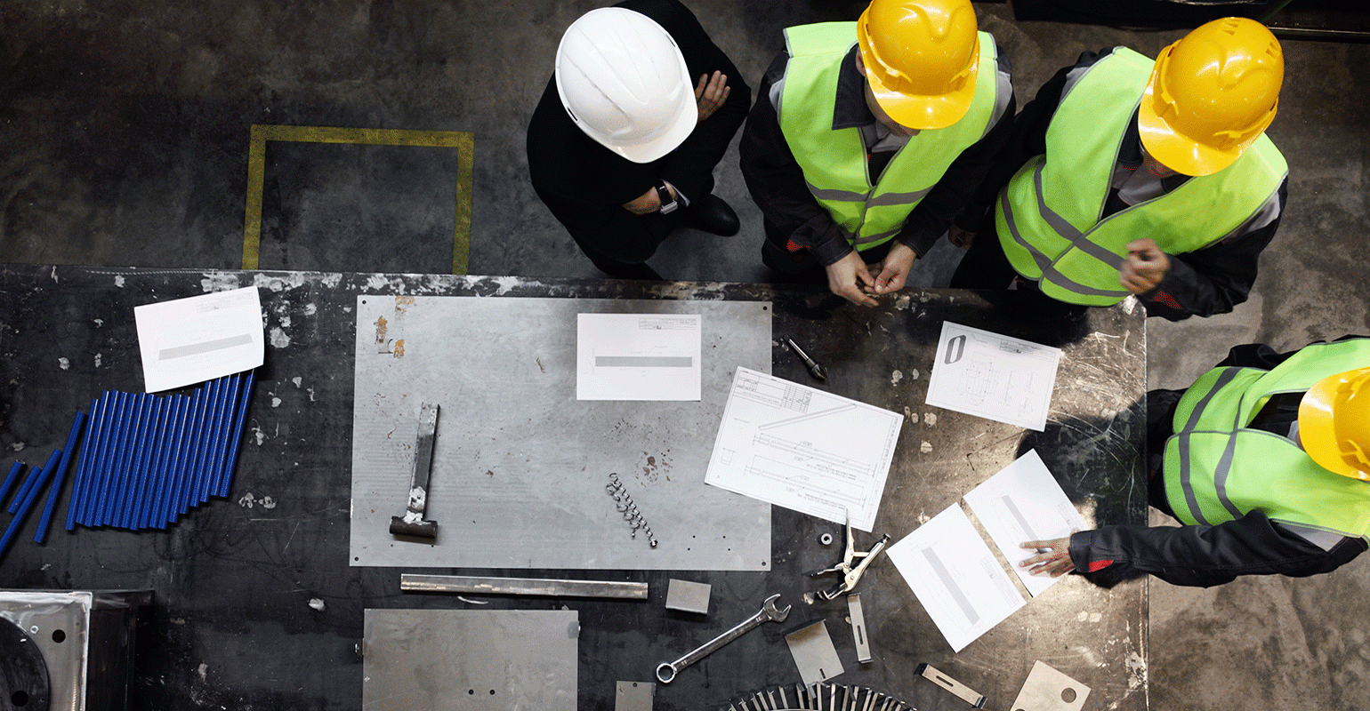 bird's eye view of men in hard hats