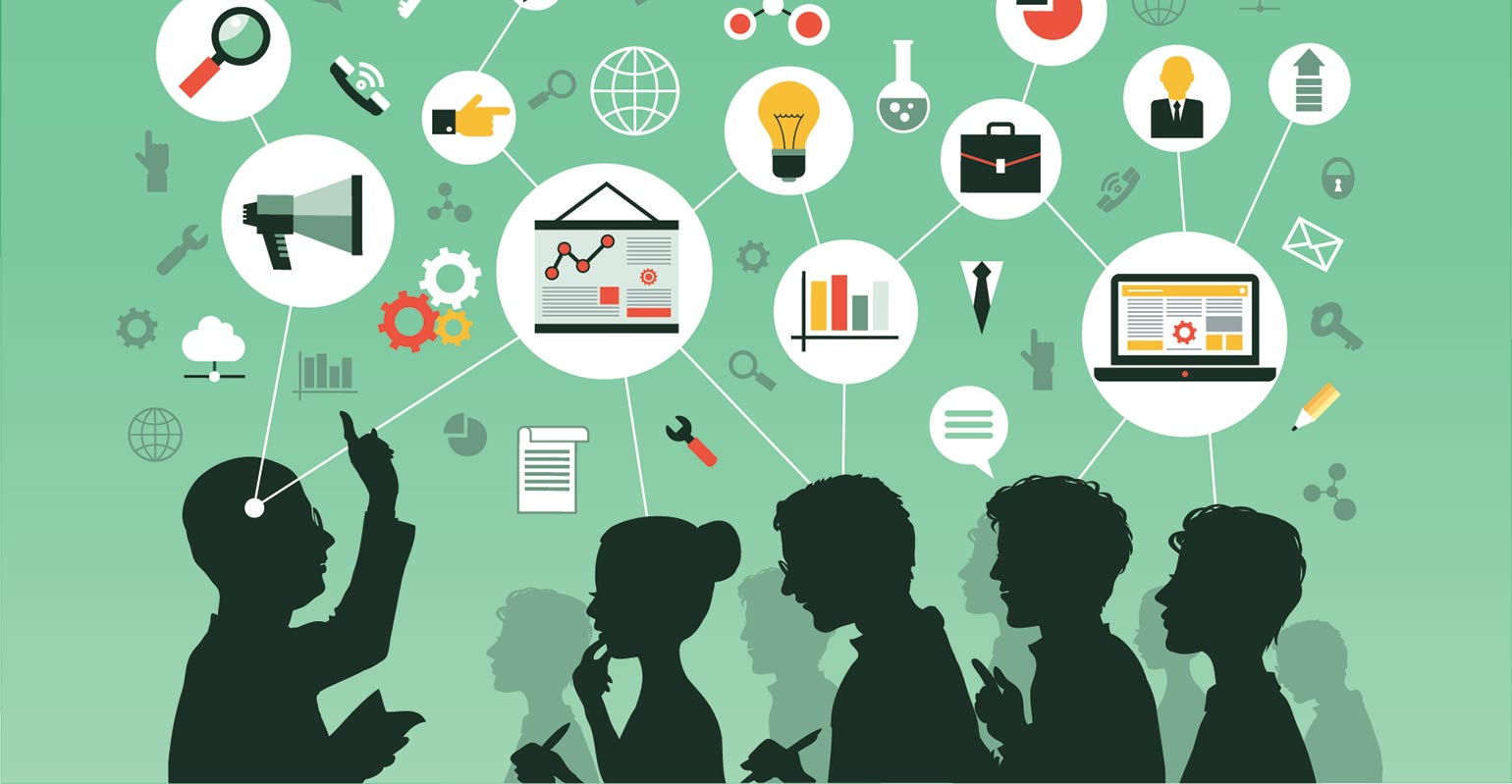 Heads with bubbles over them, showing images