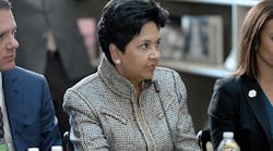 Indra Nooyi during a 2017 CEO meeting with President Trump.