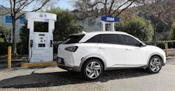 Hyundai NEXO fuel-cell powered vehicle at fueling station Hyundai NEXO fuel-cell powered vehicle at fueling station
