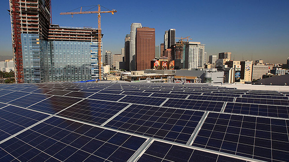Solar panels on the roof of Staples Center in Los Angeles