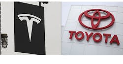 Tesla and Toyota logos Tesla and Toyota logos
