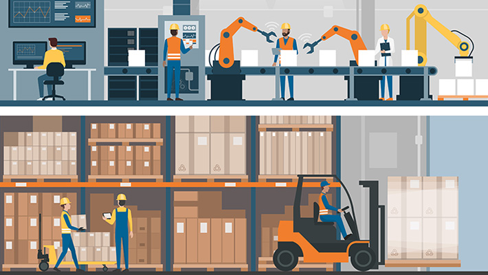 An illustration of a connected factory and warehouse.