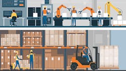 An illustration of a connected factory and warehouse. An illustration of a connected factory and warehouse.