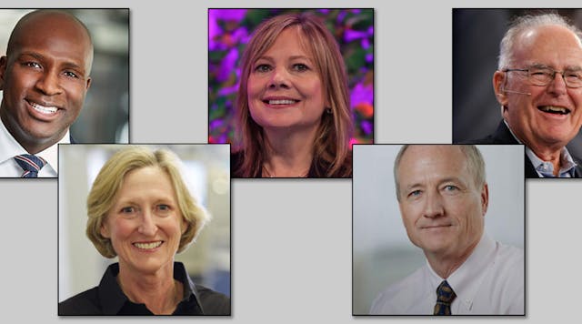Clockwise, from top left: Marvin Riley, Enpro; Mary Barra. GM; Gordon Moore, Intel; Neal Keating, Kaman; Victoria Holt, Proto Labs