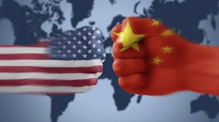 American flag colliding with Chinese flag painted on fists