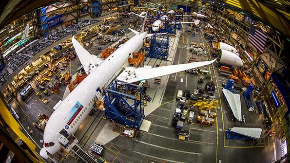 A Boeing 787 undergoes final assembly at the company's factory in Everett Wash