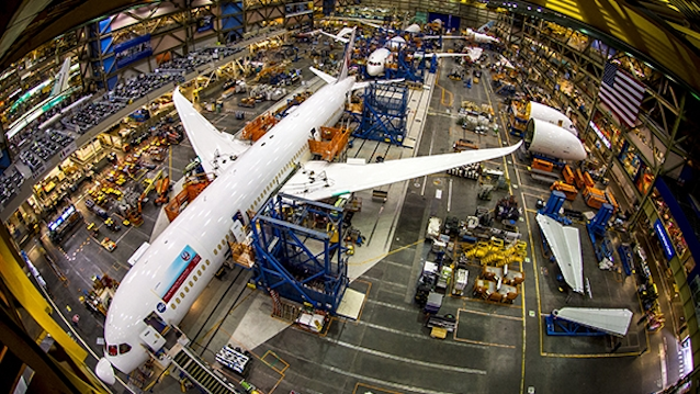 A Boeing 787 undergoes final assembly at the company's factory in Everett, Washington.