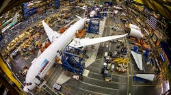 A Boeing 787 undergoes final assembly at the company&apos;s factory in Everett, Washington.