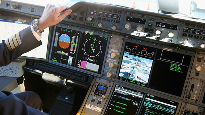 The cockpit control panel of an Airbus A350 passenger plane.