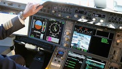The cockpit control panel of an Airbus A350 passenger plane. The cockpit control panel of an Airbus A350 passenger plane.