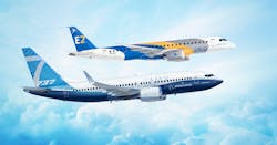 Boeing and Embraer commercial planes in the air Boeing and Embraer commercial planes in the air