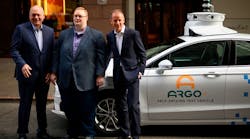 (From L-R) Jim Hackett, president and chief executive officer of Ford Motor Company, Bryan Salesky chief executive officer and co-founder of Argo AI LLC and Herbert Diess chief executive officer of Volkswagen Group on July 12, 2019.