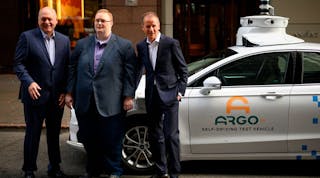 (From L-R) Jim Hackett, president and chief executive officer of Ford Motor Company, Bryan Salesky chief executive officer and co-founder of Argo AI LLC and Herbert Diess chief executive officer of Volkswagen Group on July 12, 2019.