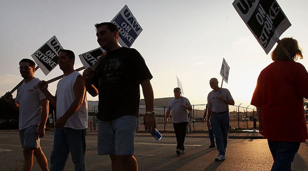 United Auto Workers picket outside General Motors assembly plant in Janesville, Wisconsin.