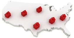 white US map with red houses on it. white US map with red houses on it.