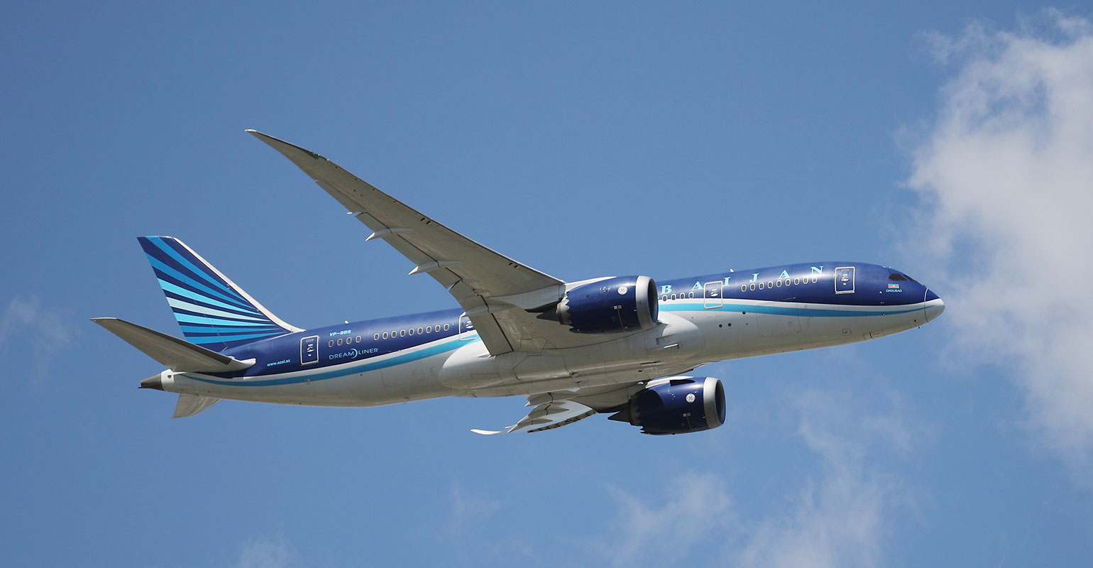 A Boeing 787-8 Dreamliner operated by Azerbaijan Airlines takes off from JFK Airport on August 24, 2019