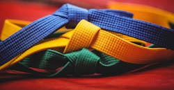 Red, blue and green karate belts Red, blue and green karate belts