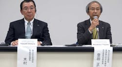 Nissan Motors board chairman Yasushi Kimura, left, and nomination committee chair Masakazu Toyoda, right, attend a press conference to announce the company&apos;s new CEO at its headquarters in Yokohama.