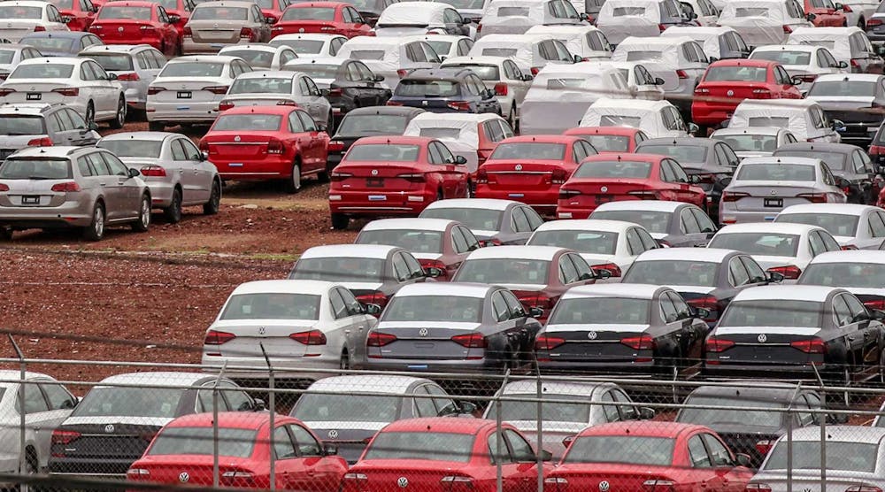 View of cars at the Volkswagen plant in Puebla, Mexico