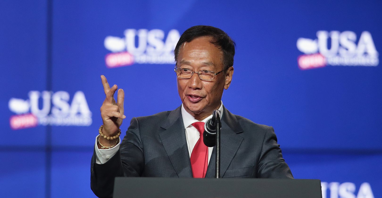 Terry Gou, chairman of Foxconn Technology Group, speaks at the groundbreaking ceremony for the Foxconn factory complex in Mt. Pleasant, Wisconsin.